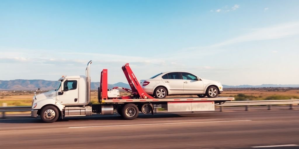 Tow truck on highway with vehicle, showcasing long distance towing.