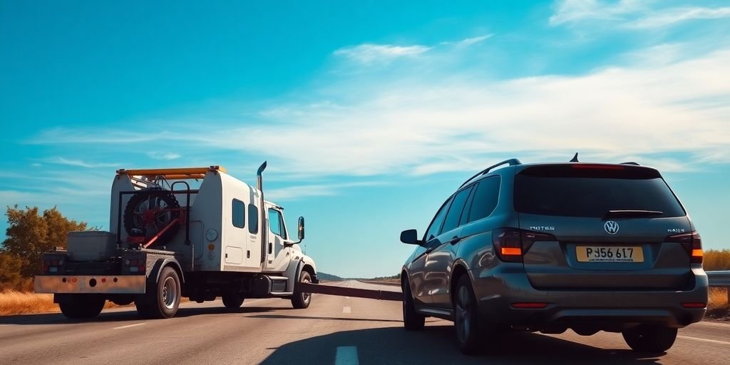 Tow truck helping stranded vehicle on a peaceful road.