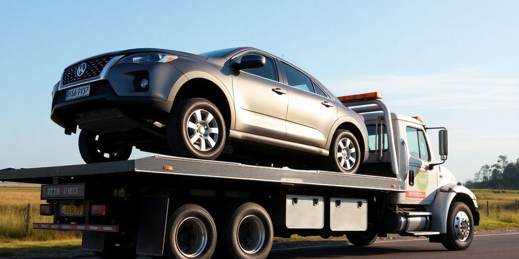 Flatbed tow truck with car loaded on the flatbed.