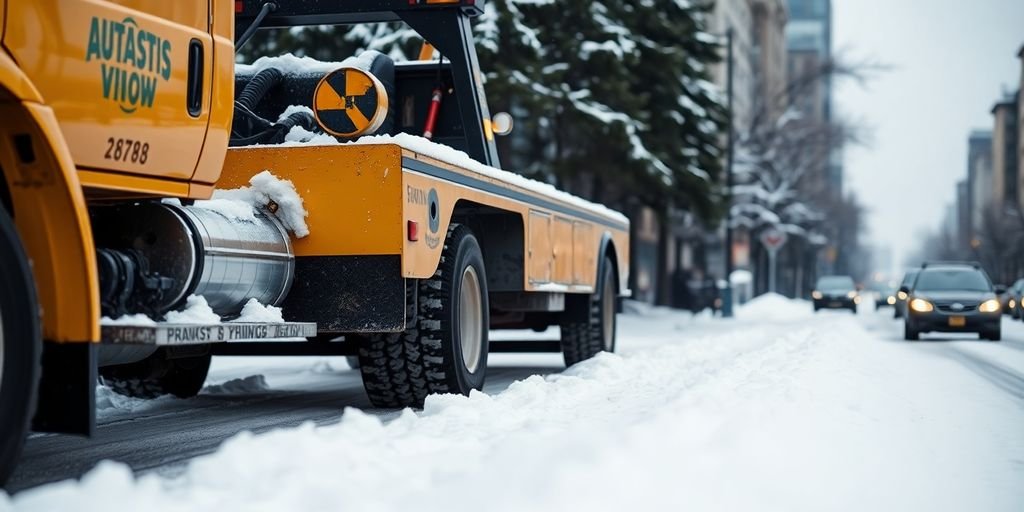 Tow truck on snowy Winnipeg street with city buildings.
